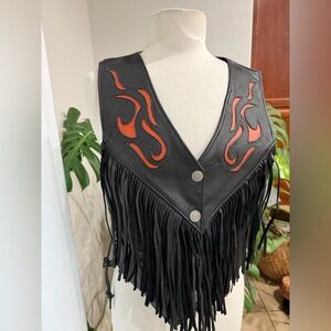 Vance Leathers USA Black Leather Fringe‎ Vest – Flame Design – Size Large